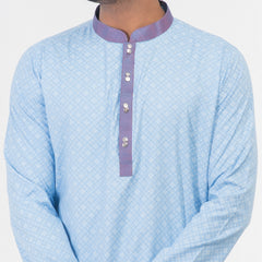 Printed Contrast Semi Fit Casual Panjabi - Sky Printed Contrast Semi Fit Casual Panjabi - Sky