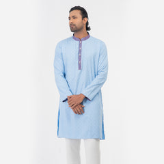 Printed Contrast Semi Fit Casual Panjabi - Sky Printed Contrast Semi Fit Casual Panjabi - Sky