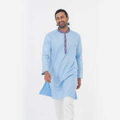 Printed Contrast Semi Fit Casual Panjabi - Sky Printed Contrast Semi Fit Casual Panjabi - Sky