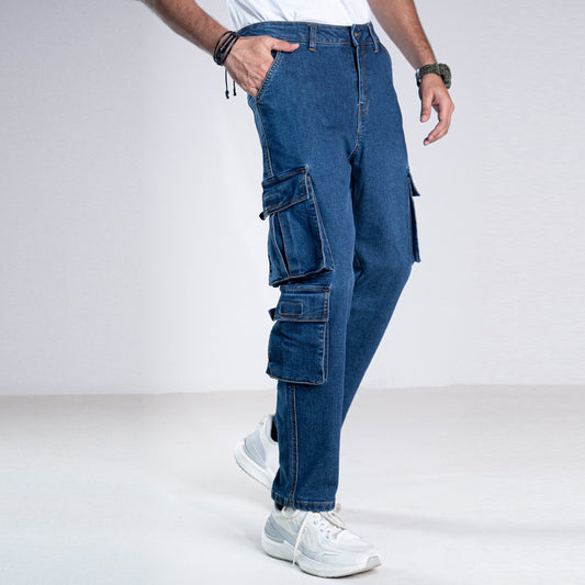 Urban7 Multi-Pocket Denim Cargo Pants - Blue Ember