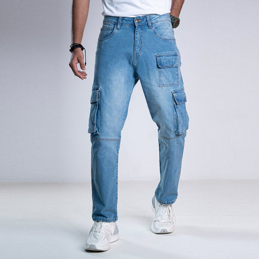 Heavy-Duty Denim Cargo Pants - Icy Horizon