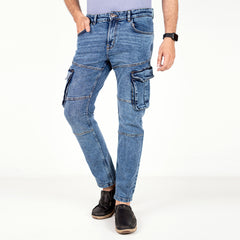 Premium Denim Cargo Pants - Bleach Wash Mid Blue Premium Denim Cargo Pants - Bleach Wash Mid Blue