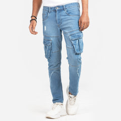 Premium Denim Cargo Pants - Light Blue