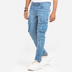 Premium Denim Cargo Pants - Light Blue