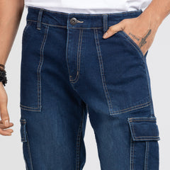 Premium Multiple Pocket Denim Cargo Pants - Dark Blue