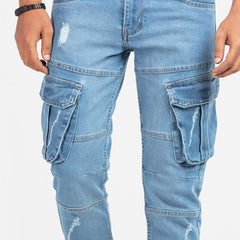 Premium Denim Cargo Pants - Light Blue