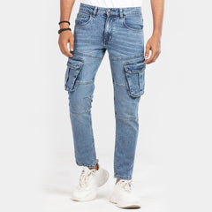 Premium Denim Cargo Pant - Bleach Wash Blue