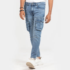 Premium Denim Cargo Pant - Bleach Wash Blue