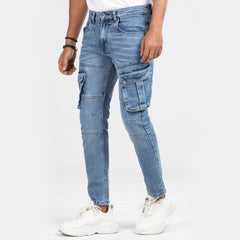 Premium Denim Cargo Pant - Bleach Wash Blue