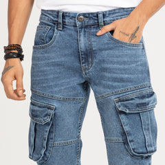 Premium Denim Cargo Pant - Bleach Wash Mid Blue