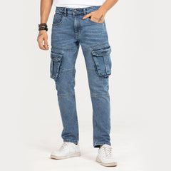 Premium Denim Cargo Pant - Bleach Wash Mid Blue