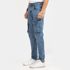 Premium Denim Cargo Pant - Bleach Wash Mid Blue