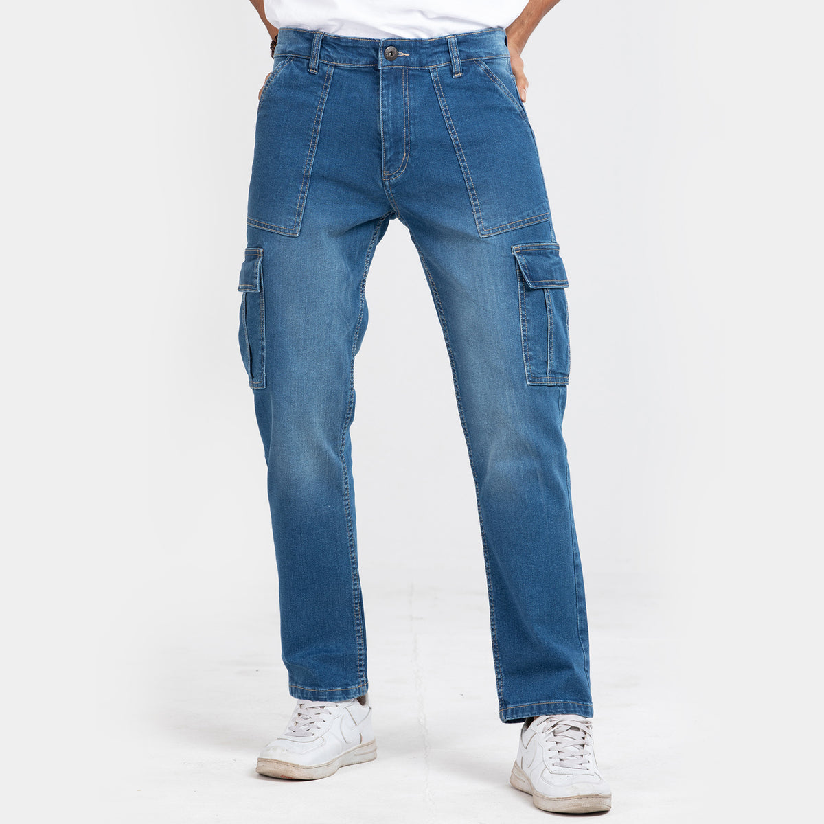 Premium Multiple Pocket Denim Cargo Pants - Mid Blue