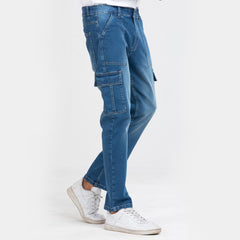 Premium Multiple Pocket Denim Cargo Pants - Mid Blue