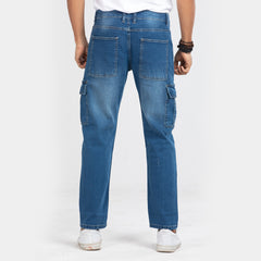 Premium Multiple Pocket Denim Cargo Pants - Mid Blue