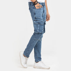 Premium Denim Cargo Pant - Bleach Wash Mid Blue