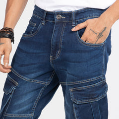 Premium Denim Cargo Pants - Dark Blue