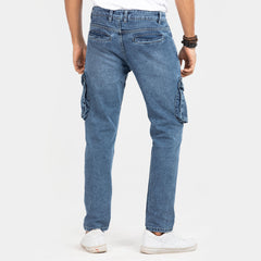 Premium Denim Cargo Pant - Bleach Wash Mid Blue