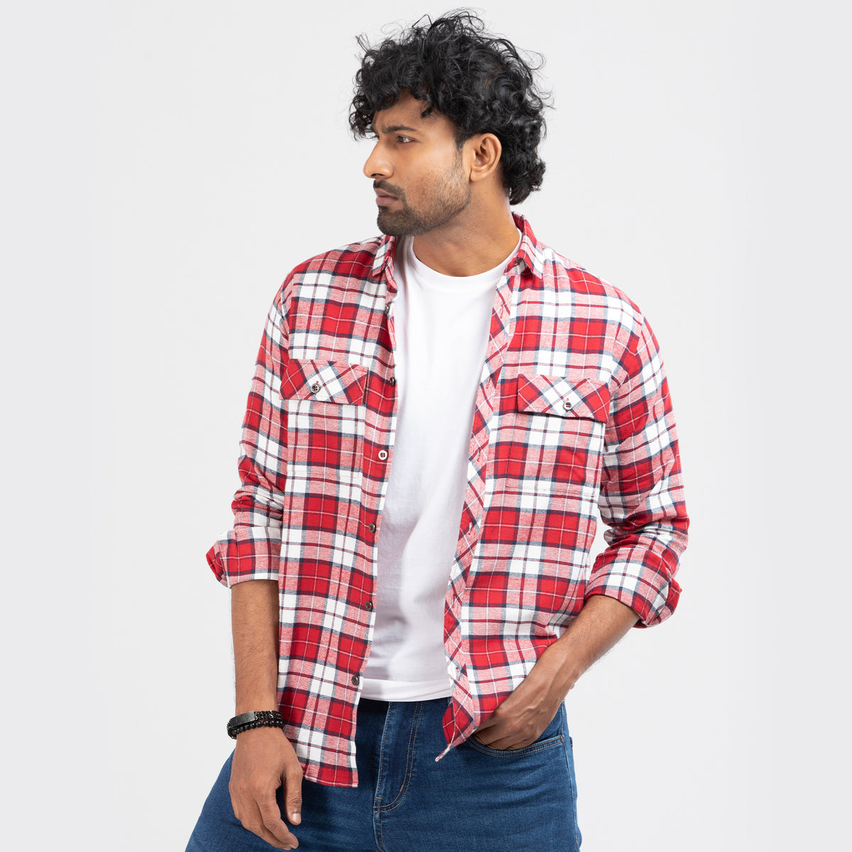 Cozy Long Sleeve Flannel Shirt - Red & White