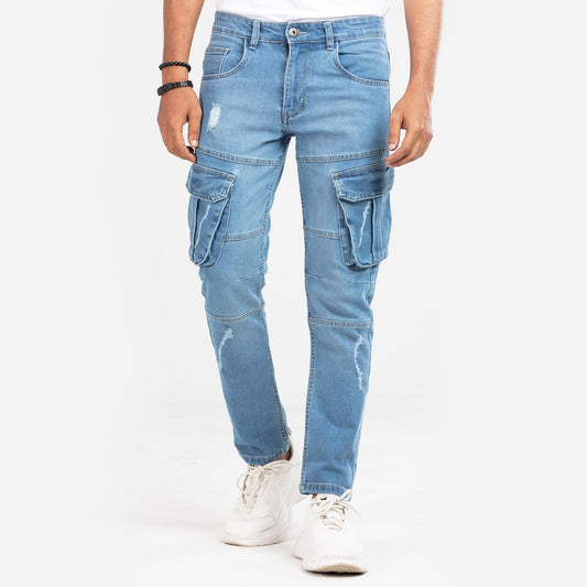 Premium Denim Cargo Pants - Light Blue