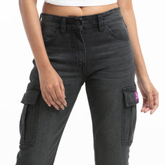 Ladies Denim Cargo Jeans Pant - Black