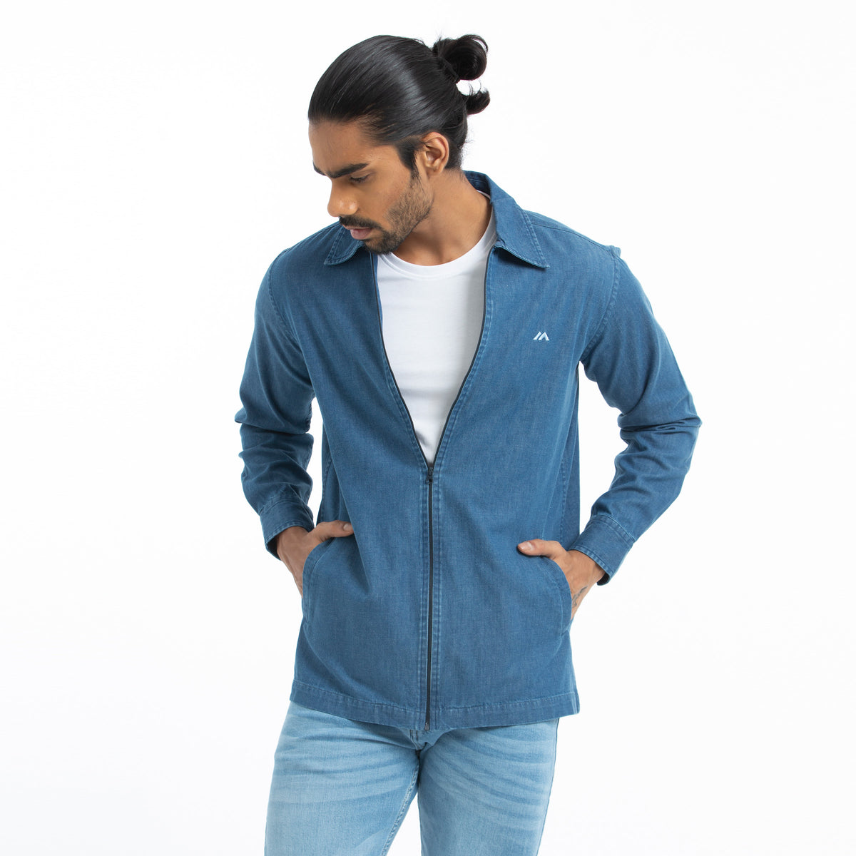 Denim Zipper Shacket Shirt  - Deep Blue