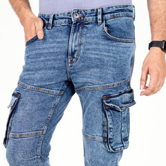 Premium Denim Cargo Pants - Bleach Wash Mid Blue