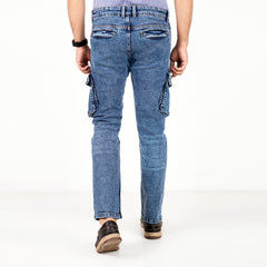 Premium Denim Cargo Pants - Bleach Wash Mid Blue