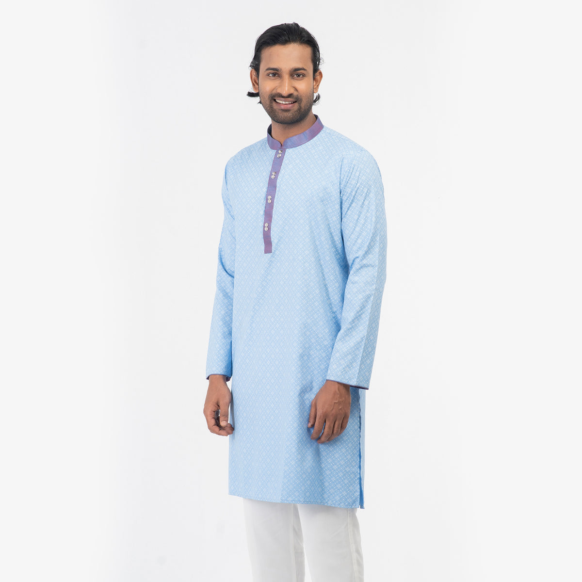 Printed Contrast Semi Fit Casual Panjabi - Sky