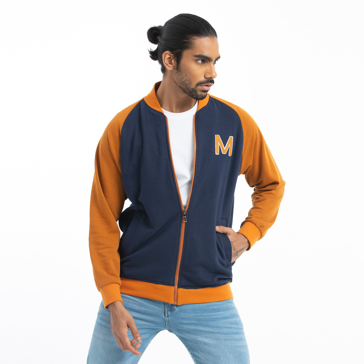 Knitted bomber jacket - Navy & mustard