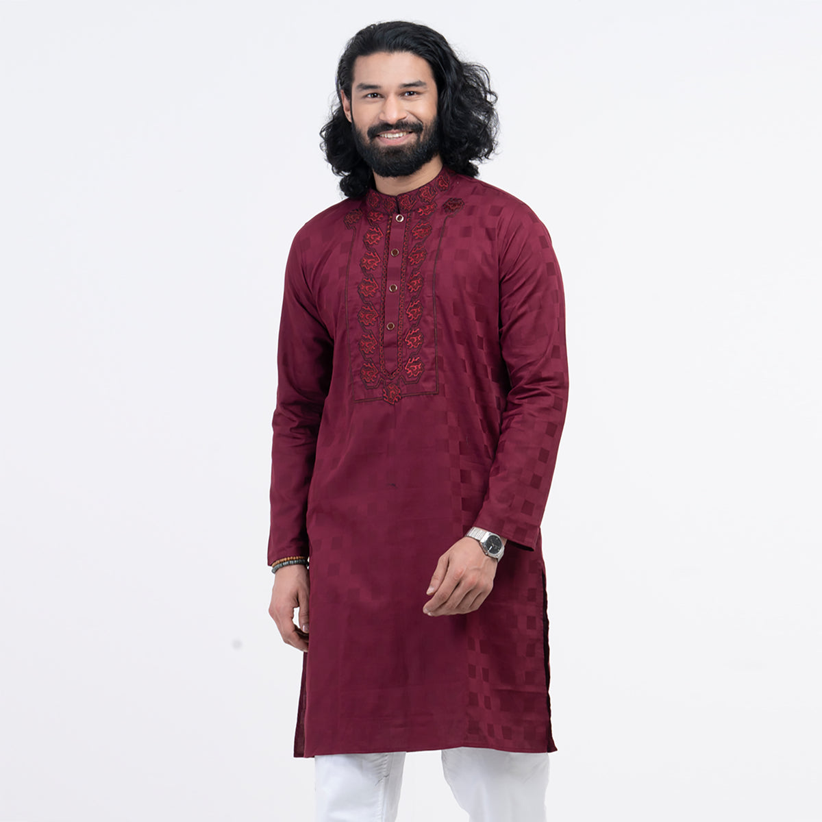 Premium Embro Semi Fit Panjabi - Maroon