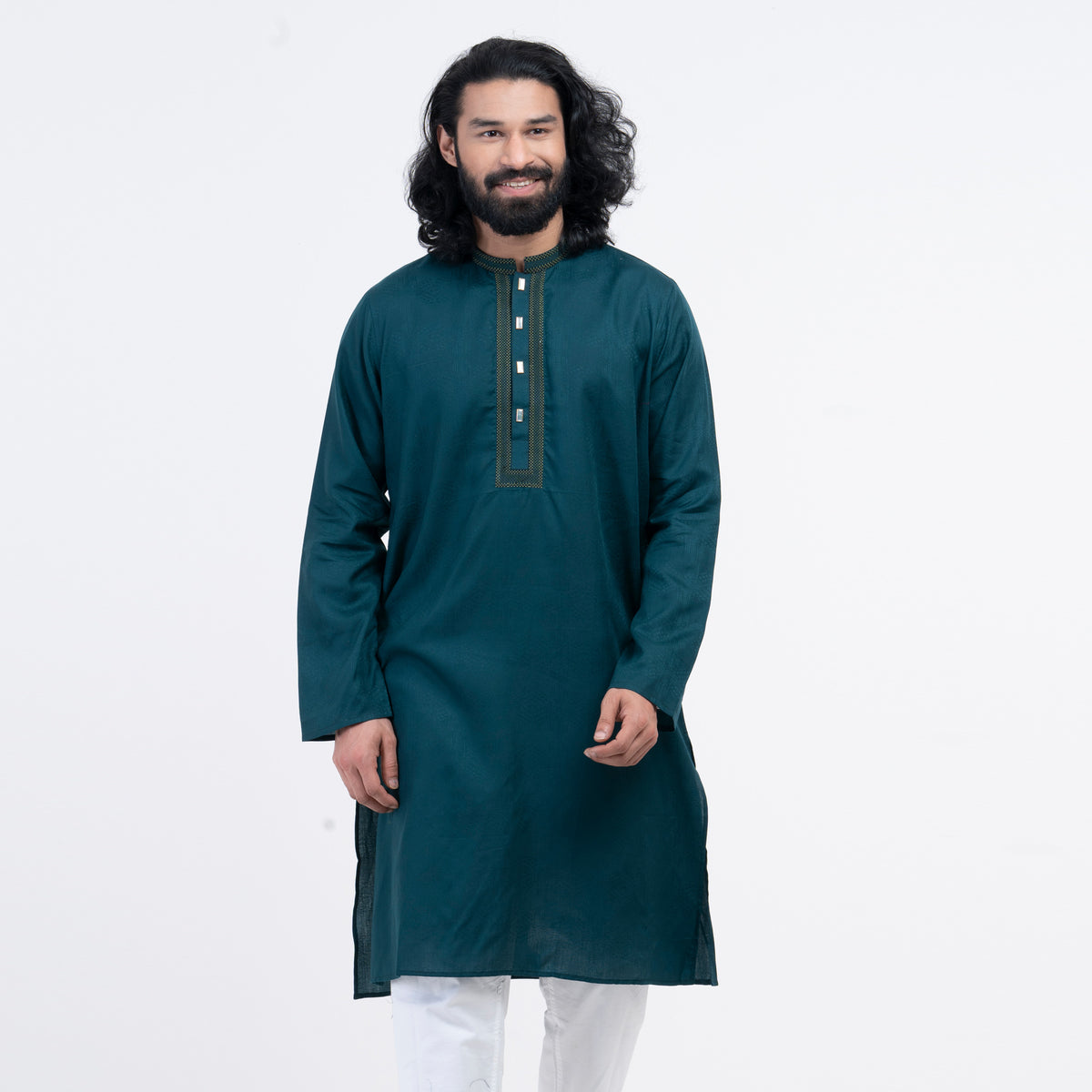 Textured Embro Semi Fit Panjabi - Green