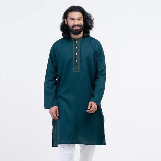 Textured Embro Semi Fit Panjabi - Dark Green