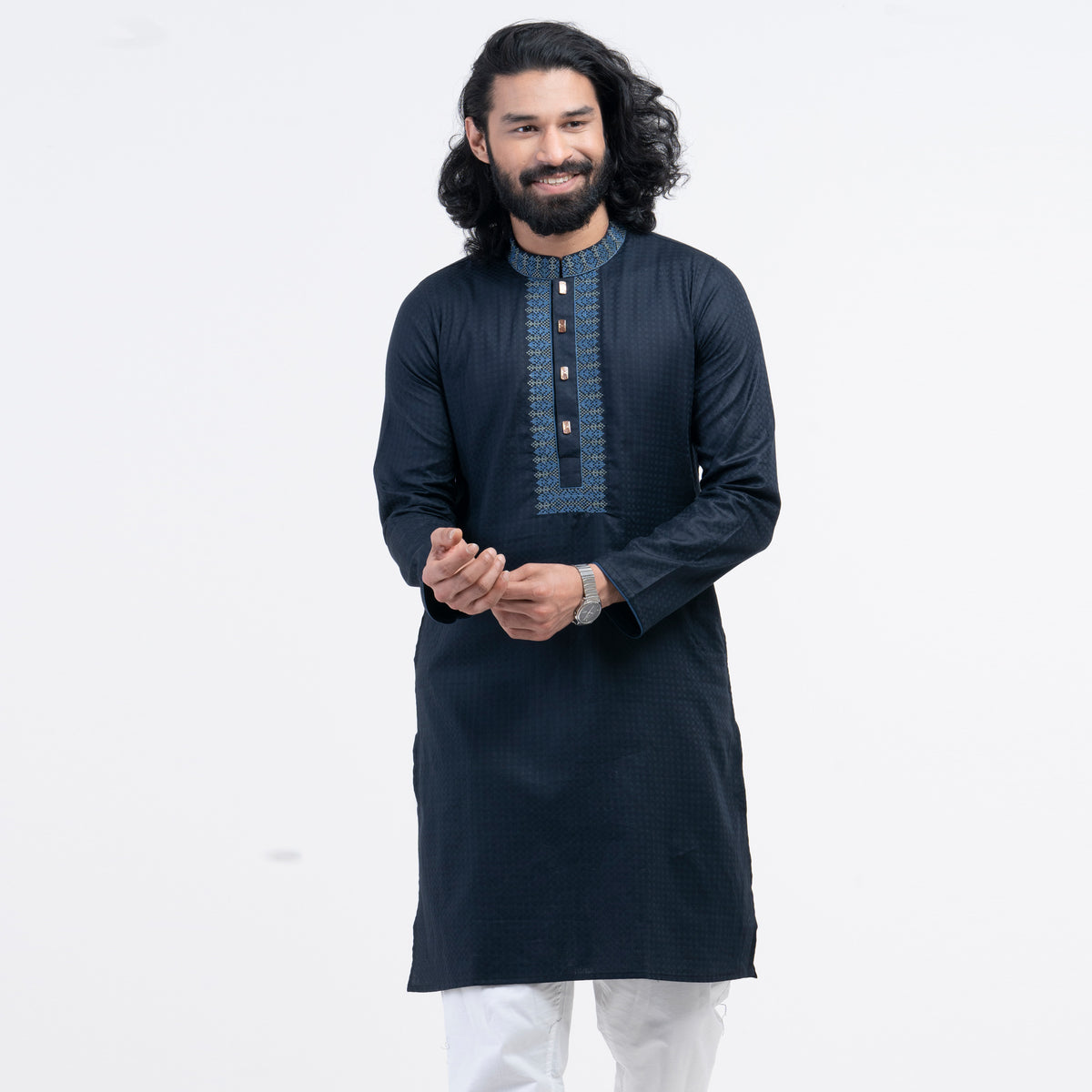 Premium Embro Semi Fit Panjabi - Navy