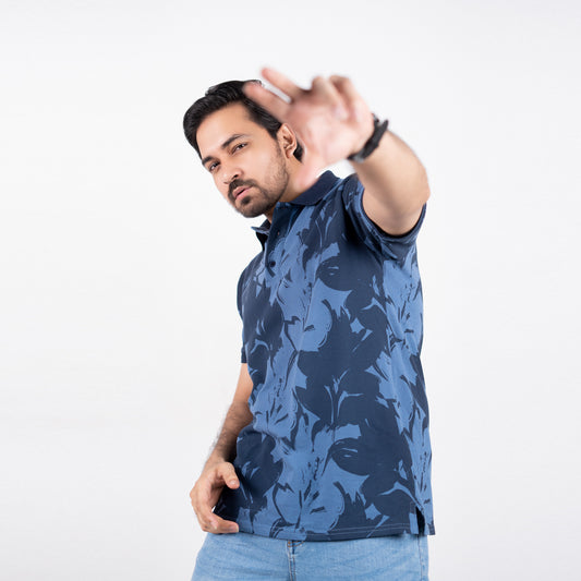 Tropical Printed polo shirt - Mid Blue