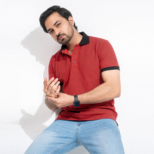 3D Rubik's Cube Printed Polo -Red
