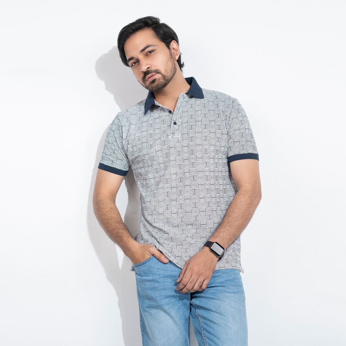 Classic Maze Printed Polo - White & Navy