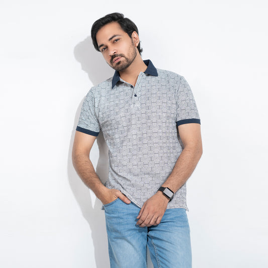 Classic Maze Printed Polo - White & Navy