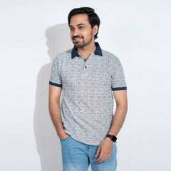 Classic Maze Printed Polo - White & Navy