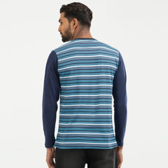 Stripe Contrast Long Sleeve T-shirt - Blue & navy