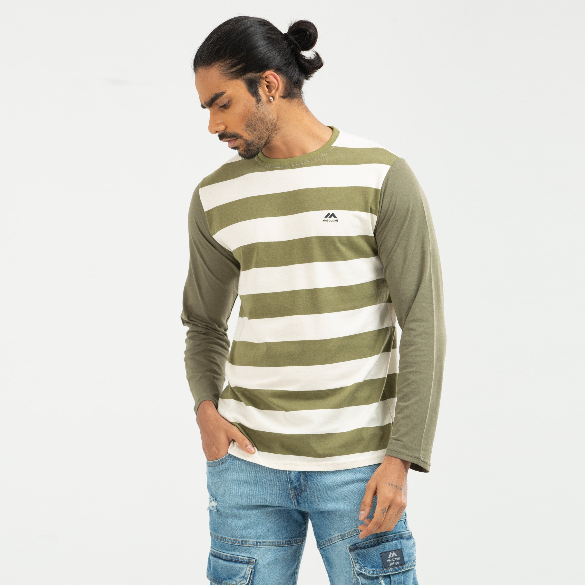 Stripe Long Sleeve T-shirt - Olive & white
