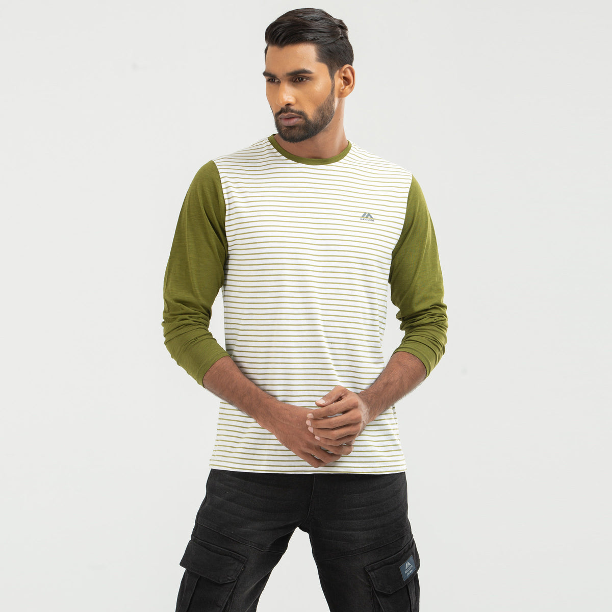Stripe Contrast Long Sleeve T-shirt - Dark olive