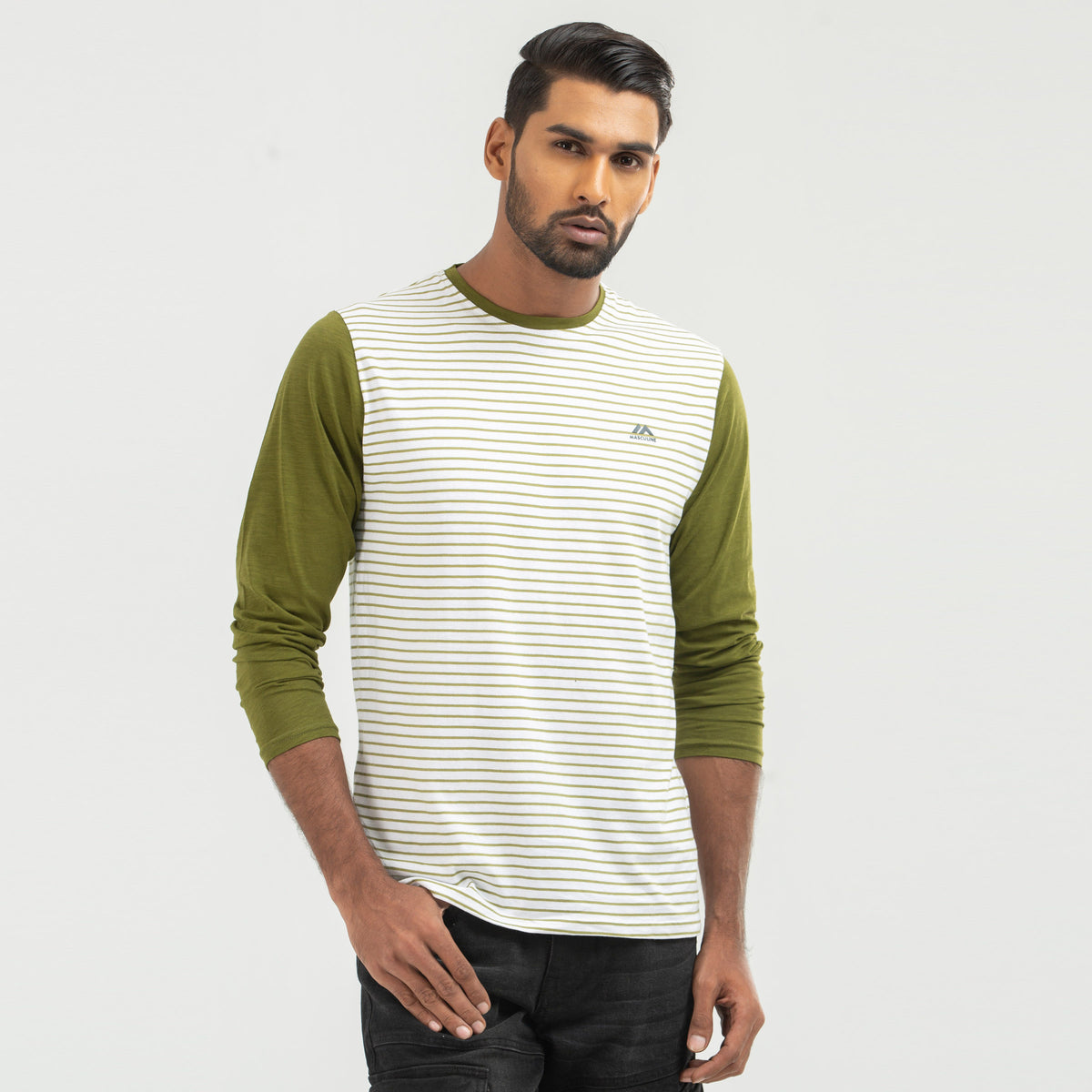 Stripe Contrast Long Sleeve T-shirt - Dark olive