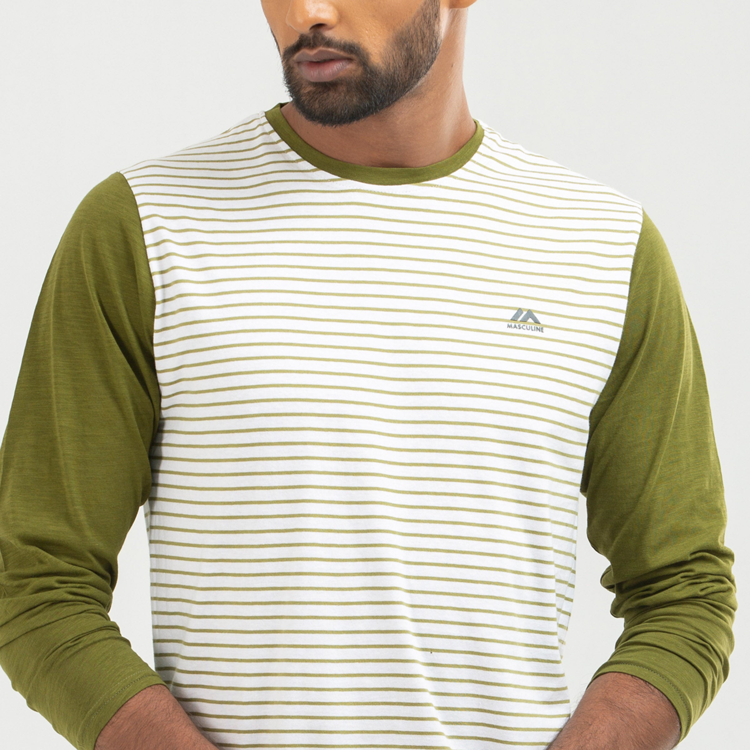 Stripe Contrast Long Sleeve T-shirt - Dark olive