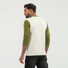 Stripe Contrast Long Sleeve T-shirt - Dark olive