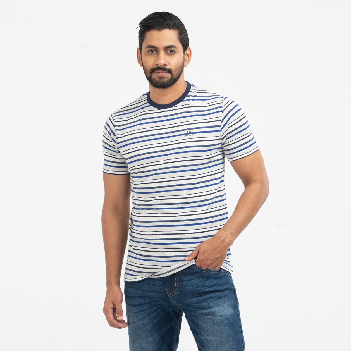 Cotton Comfort Stripe T-shirt - Royal & grey