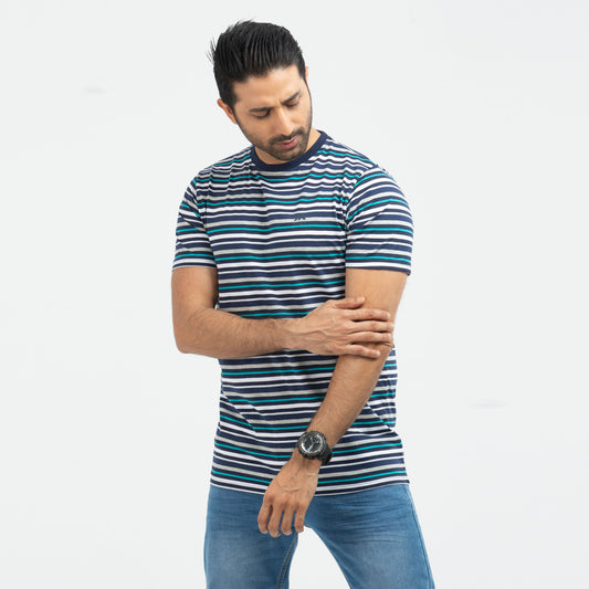 Cotton Comfort Stripe T-shirt - Cyan & navy