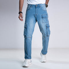 Heavy-Duty Denim Cargo Pants - Icy Horizon