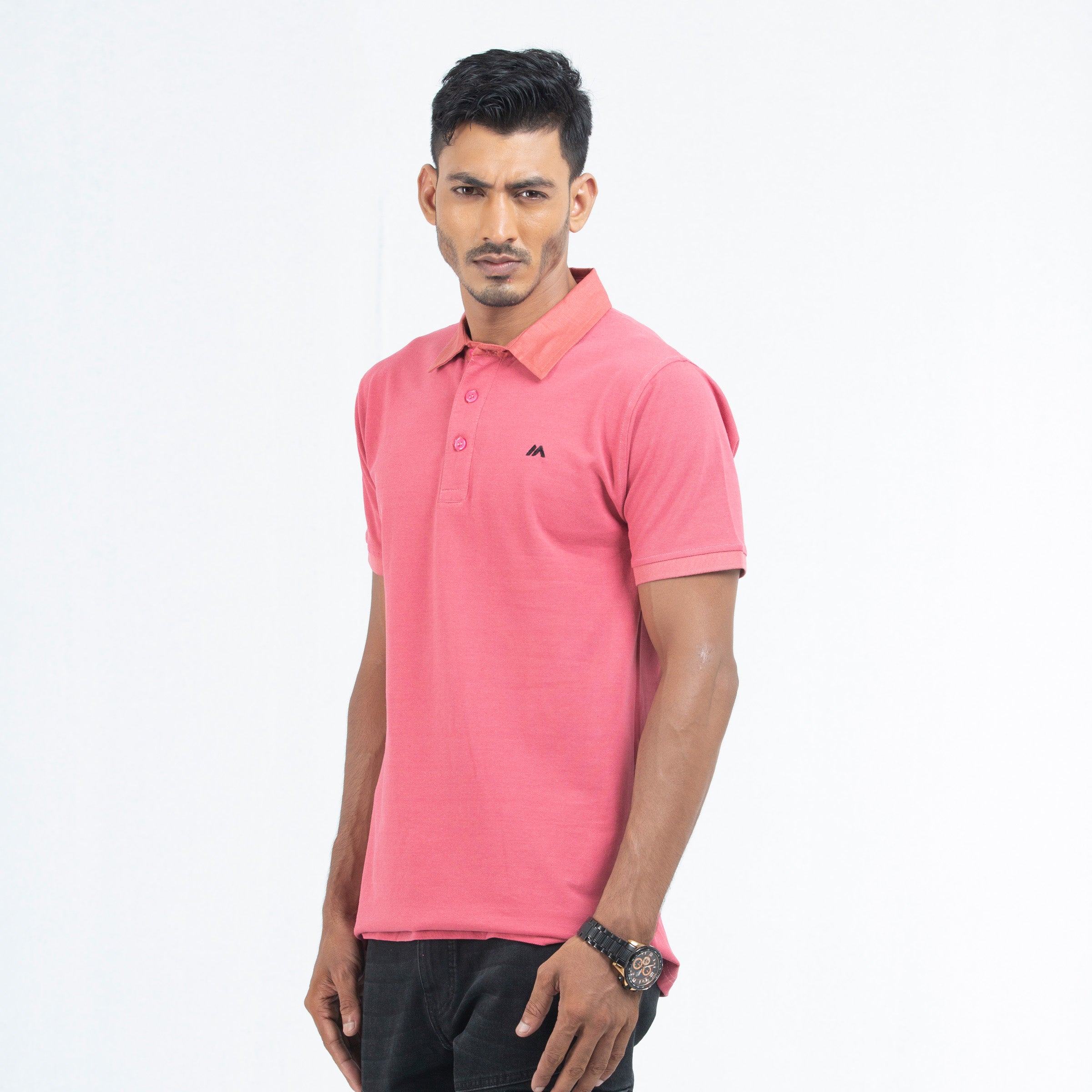 Woven Collar Solid Polo - cherry pink