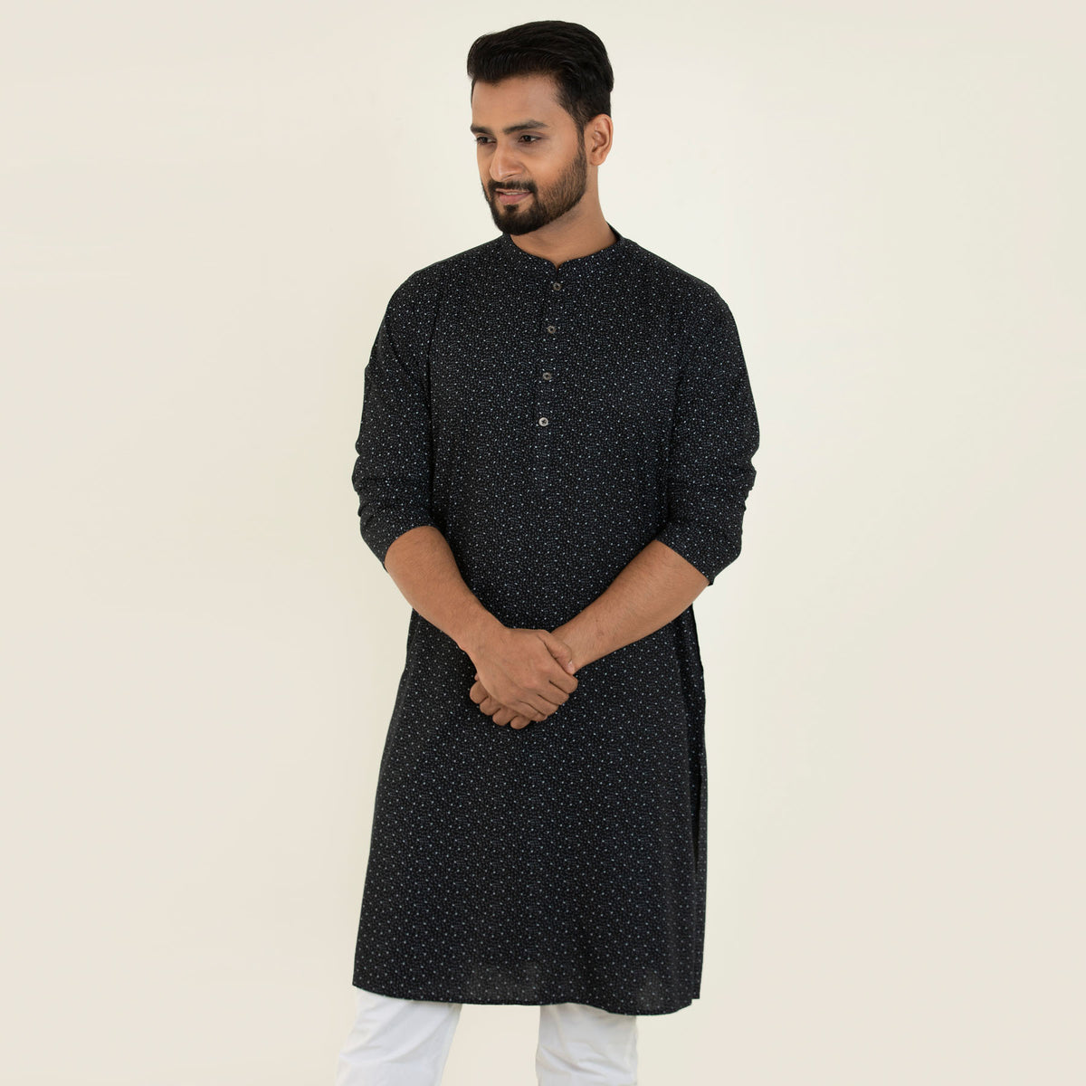 Linen Printed Casual Panjabi- Black - Masculine